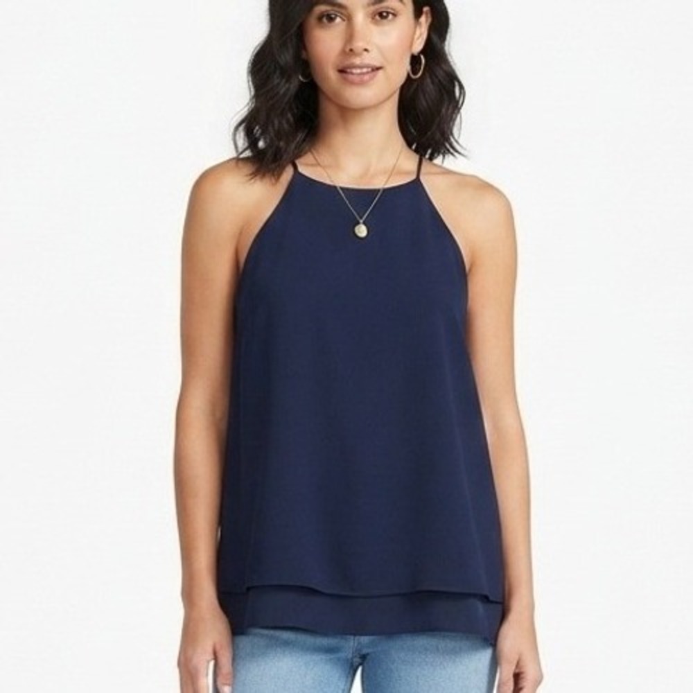 Paper Crane Tank Top Navy Blue Halter Neck Layered Hem - Medium